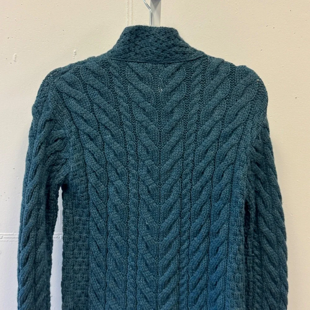 Carraig Donn Irish Merino Wool Cable Knit Cardigan Teal Blue XS Made in Ireland